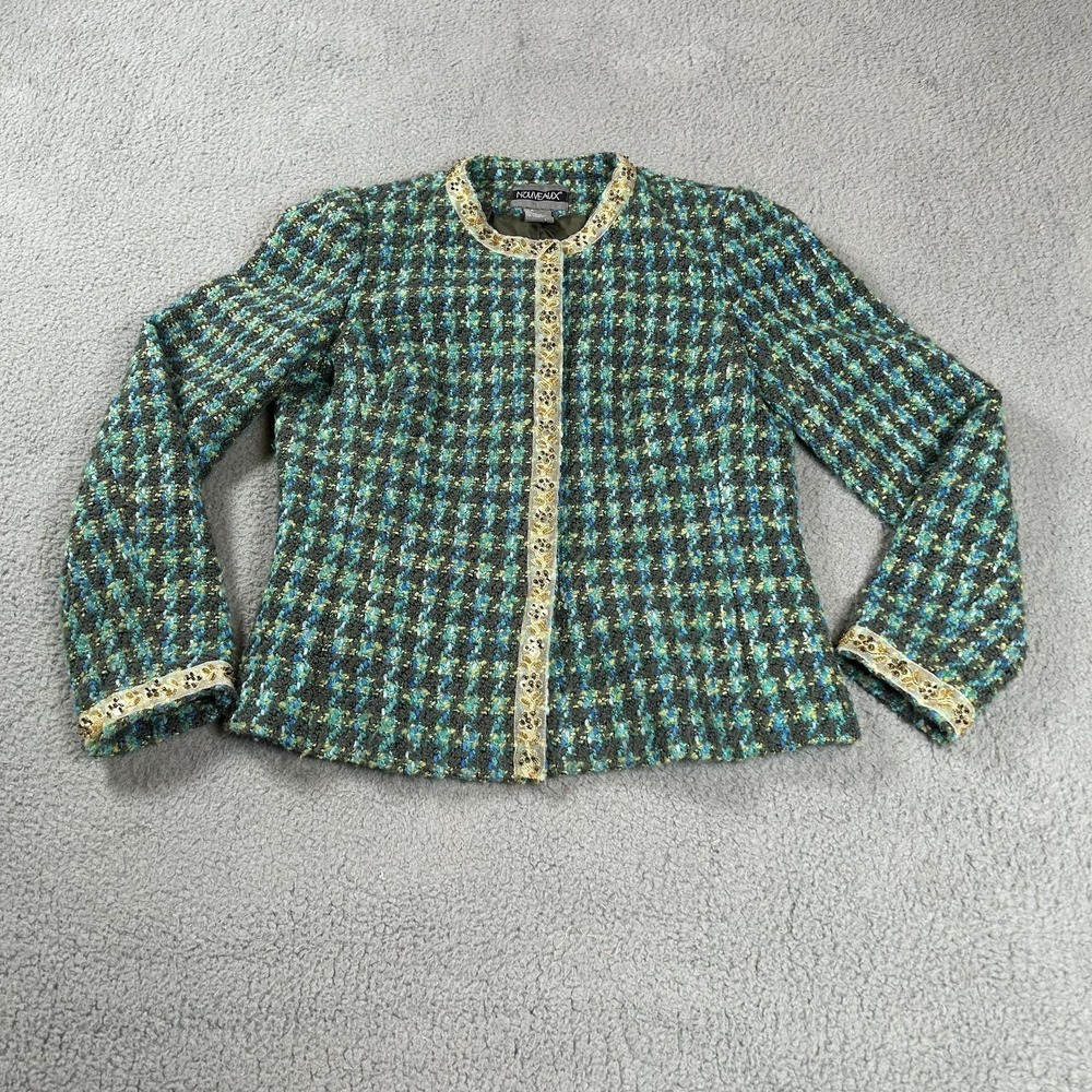 Nouveaux Jacket Womens 6 Green Plaid Tweed Embroidered Trim Lined Snap Short